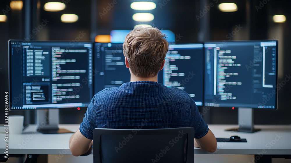 Poster young male software developer working on multiple monitors, focused on coding. modern workspace feat