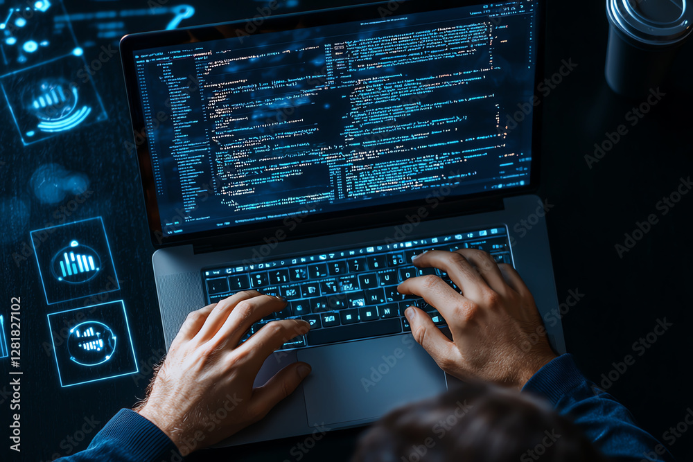 Aufkleber hacker working on laptop with code displayed on screen, surrounded by digital graphics. scene convey