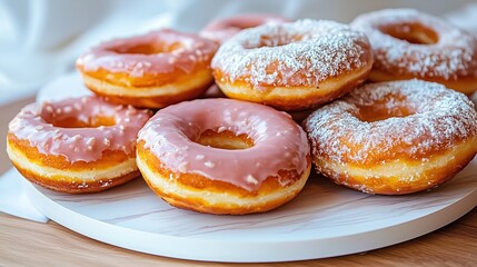 A fresh donut display with glazed and frosted donuts, advertising style, copy space.
