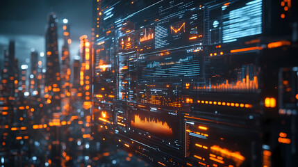 Holographic Analytics Dashboard Floating Over Cyberpunk City Reflection with Glowing Data Lines and Dark Futuristic Background