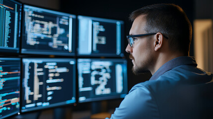 male system security engineer is focused on multiple computer screens displaying code and data. environment is dark, emphasizing glow of monitors