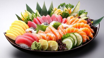 A fresh sushi display with nigiri and sashimi, advertising style, copy space.