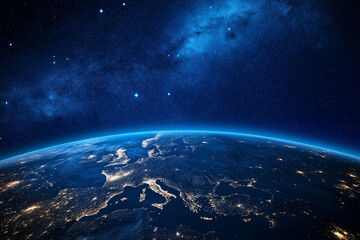 Obraz premium Communication and Telecommunications from Space. Broadcasting, Concept. Communication satellite flies near the night planet earth with night lights of megacities in space with stars