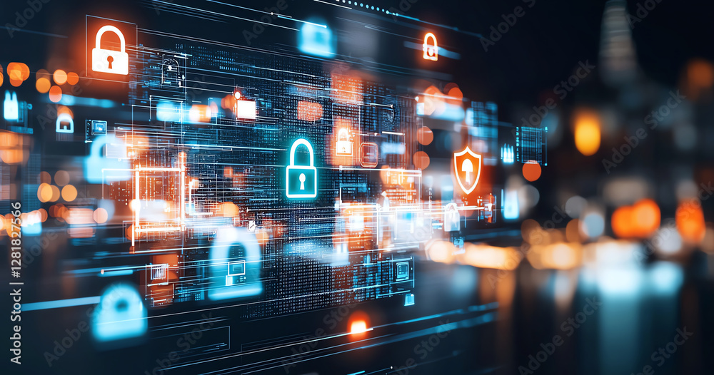 Poster abstract digital security symbols with glowing locks and shields, representing cybersecurity and dat