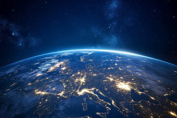 Obraz premium Communication and Telecommunications from Space. Broadcasting, Concept. Communication satellite flies near the night planet earth with night lights of megacities in space with stars