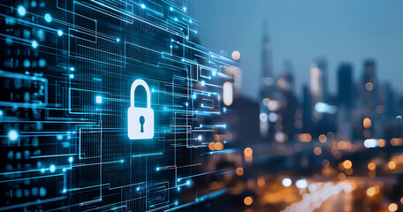 Digital security symbols with padlock on city background, representing cybersecurity and data protection. image conveys sense of safety and technology