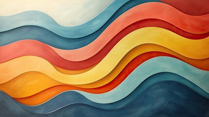 Colorful abstract painting features various layers forming a wavelike pattern