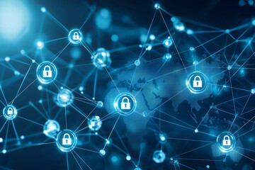 Digital network with interconnected locks and world map background