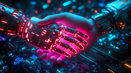 Futuristic Robot and Human Handshake with Circuit Board Texture and Neon Blue-Purple Lighting in Cinematic Cybernetic Theme