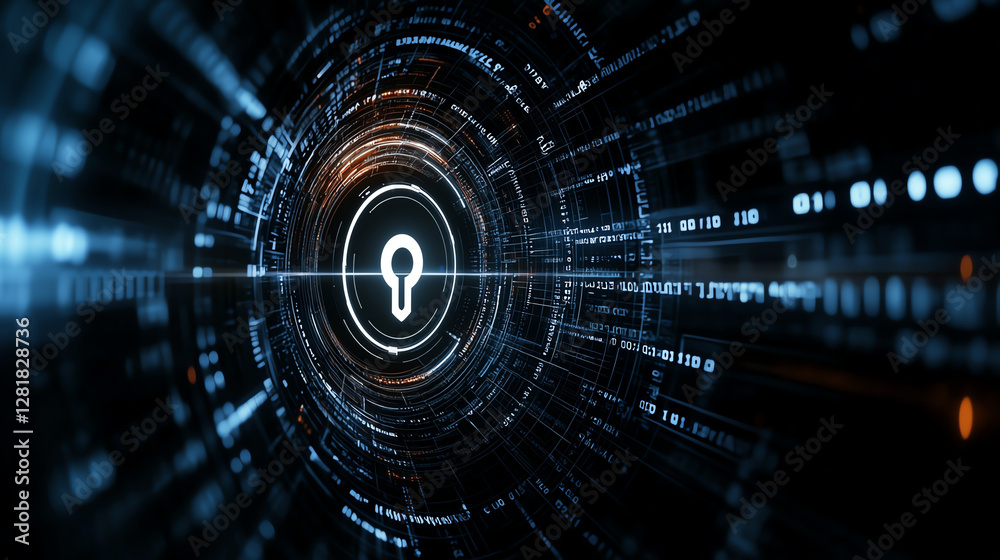 Poster digital shield with keyhole symbol in futuristic data tunnel, representing security and technology. 