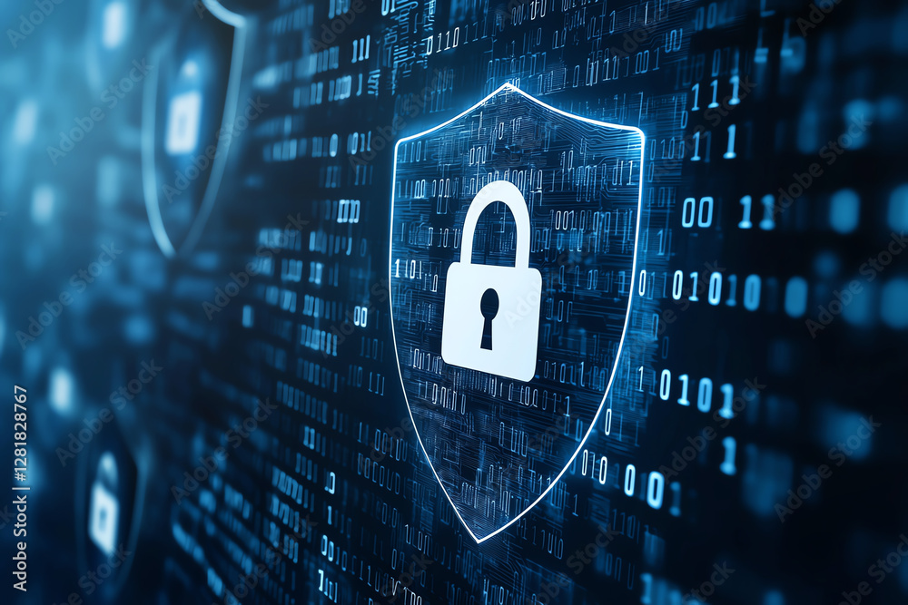 Poster digital security shield icon on binary code background, representing cybersecurity and data protecti