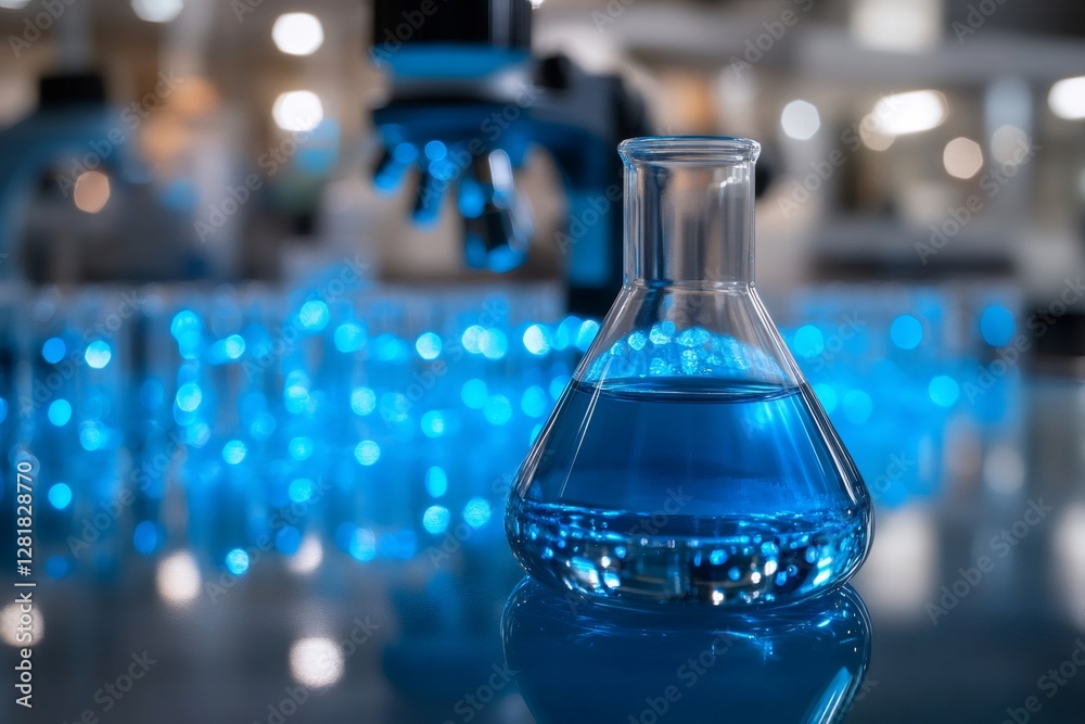 Fototapete Erlenmeyer flask containing blue liquid stands on table in laboratory setting with microscope in background