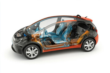 Technical black electric car with EV system isolated on a white background