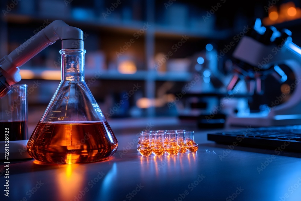 Poster chemical liquid being poured into erlenmeyer flask in laboratory setting