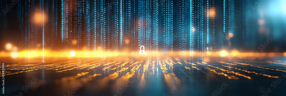 Poster digital security concept with binary code and padlock in futuristic setting. image conveys sense of 