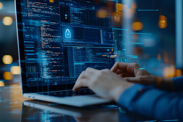 Fototapeta premium Digital security concept with hands typing on laptop, showcasing data protection and cybersecurity measures. glowing lock symbol emphasizes importance of safeguarding information