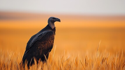 Obraz premium A solitary vulture stands amidst golden grass, capturing the essence of nature's beauty and the wildlife of open landscapes.
