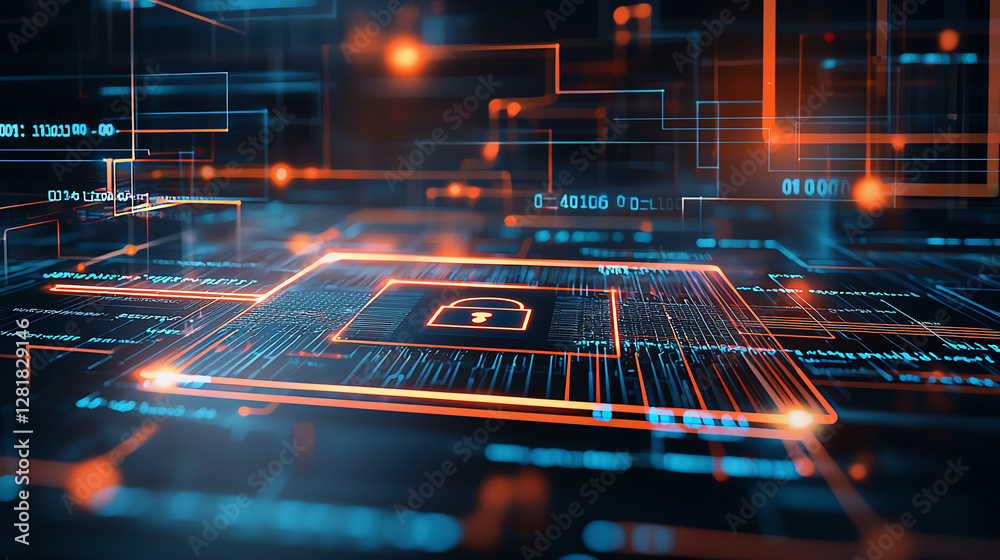 Poster digital lock icon in futuristic technology background with data streams. this conveys security and i