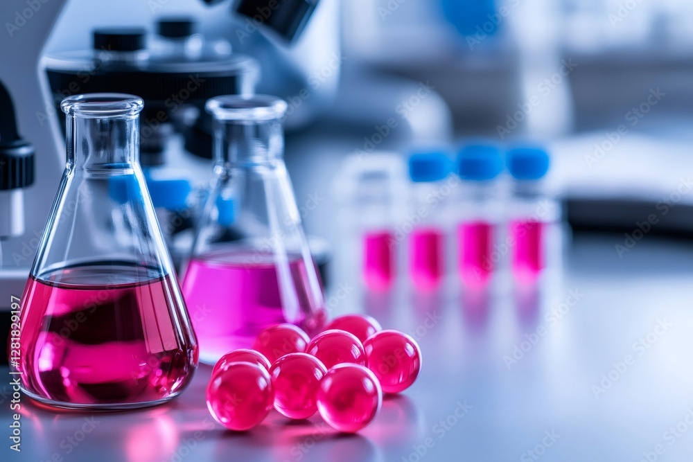 Poster Laboratory flasks containing pink liquid with microscope and test tubes in background