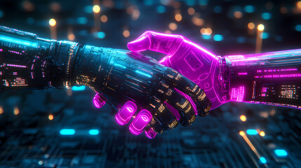 Futuristic Robot and Human Handshake with Circuit Board Texture and Neon Blue-Purple Lighting in Cinematic Cybernetic Theme