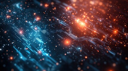 Fototapeta premium Abstract futuristic digital landscape with glowing circuits and particles in vibrant colors