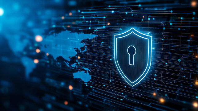 Digital shield symbol on blue background with world map, representing security and protection in technology