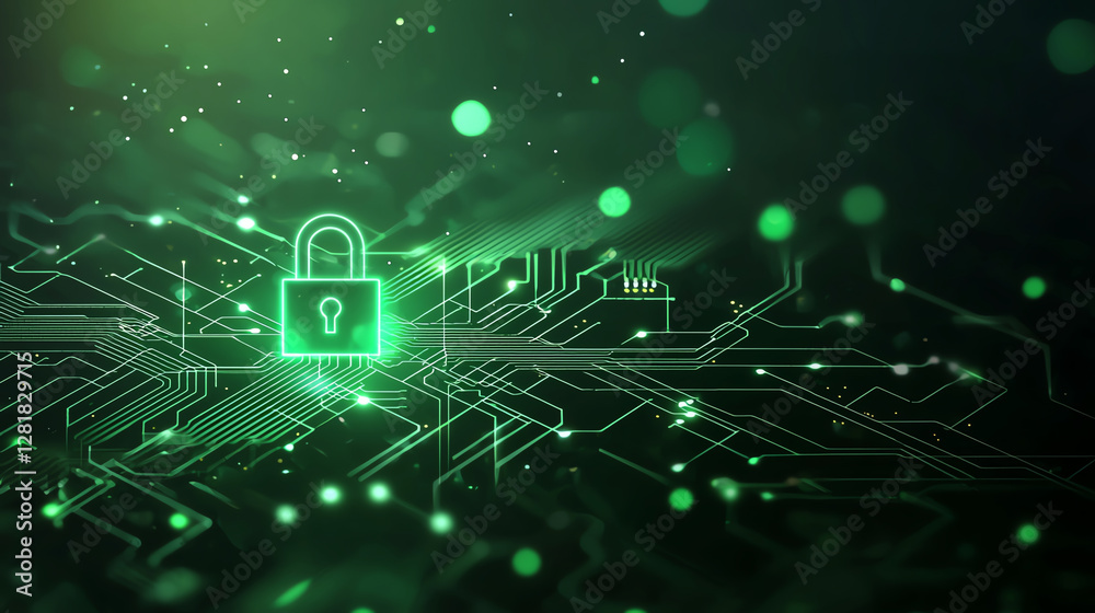 Poster digital background featuring green padlock symbolizing security and technology, with circuit pattern