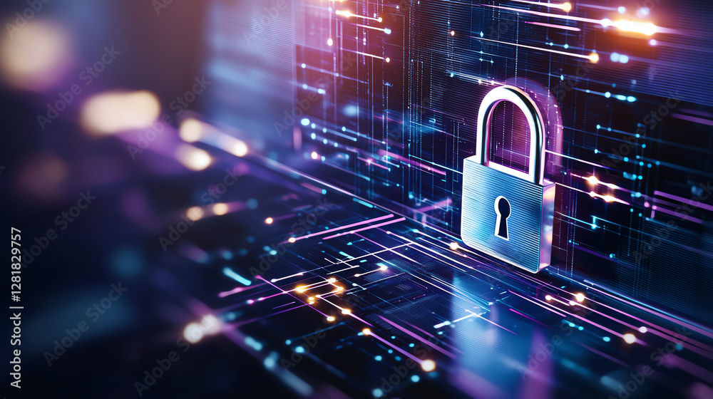 Poster digital background featuring padlock and data streams, symbolizing security and protection in techno