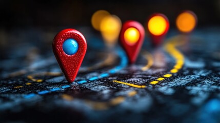 Route planning map pins night city journey
