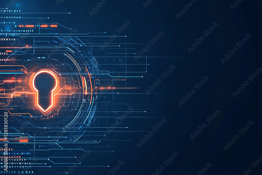 Aufkleber digital shield with keyhole symbolizes cybersecurity, featuring glowing lines and binary code. this 
