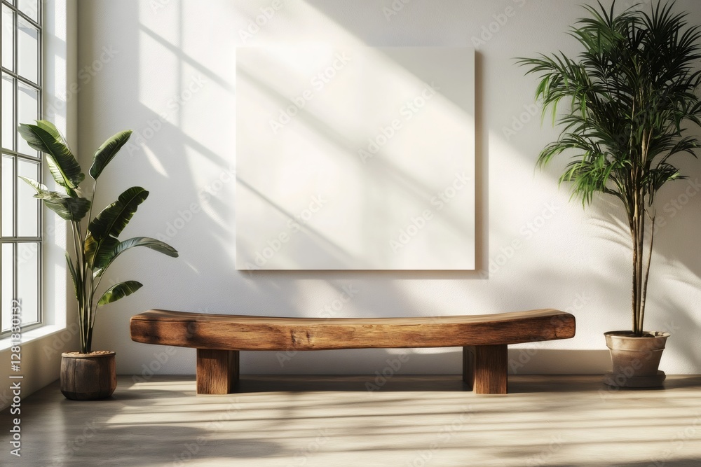 Poster sunlight illuminating empty frame with wooden bench and plants in modern room