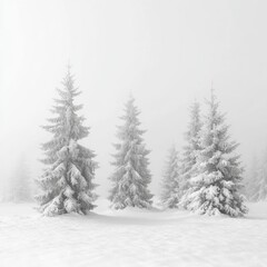 Serene winter landscape with snow covered fir trees in a misty forest creating a peaceful and cold atmosphere with a soft light