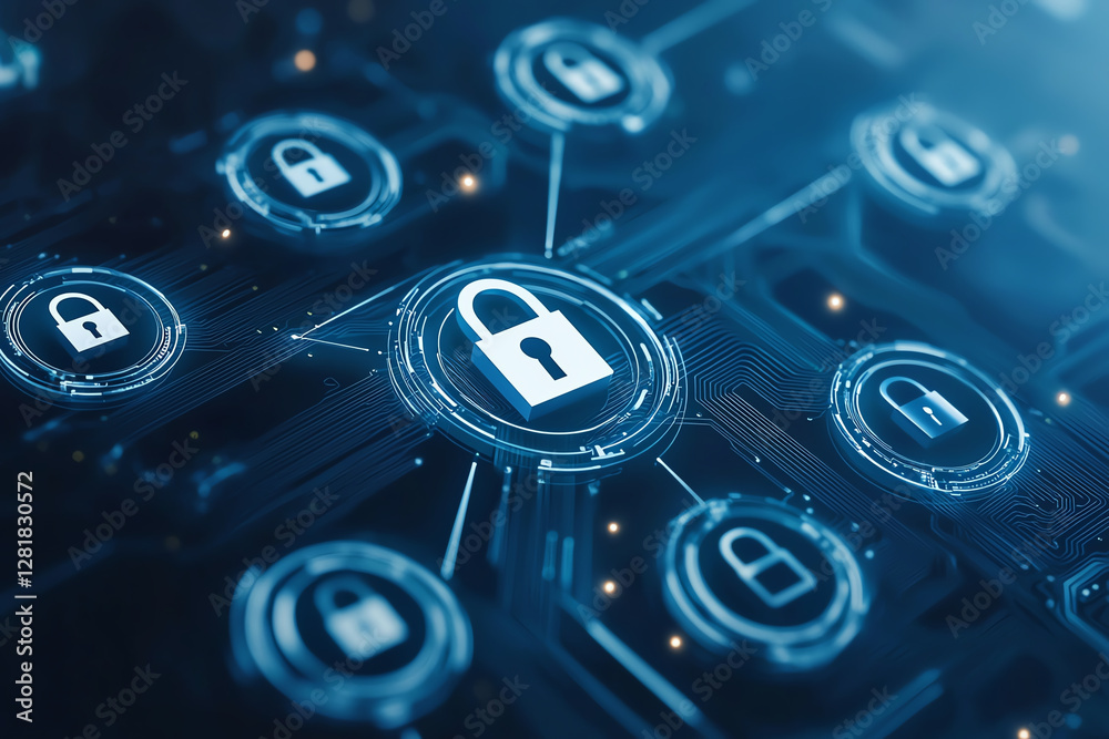 Poster secure digital network with padlock icons representing cybersecurity. interconnected locks symbolize