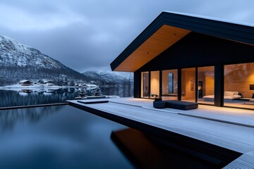 Modern house with infinity pool overlooking snowy mountain lake at twilight