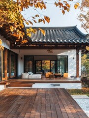 Fototapeta premium A traditional Korean house enjoys a beautiful autumn view and foliage