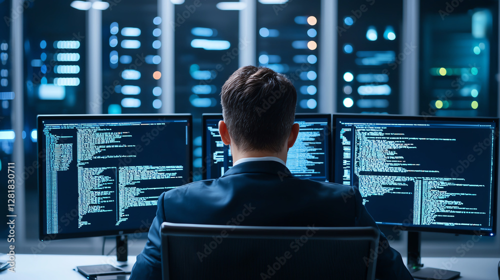 Poster man in suit sits at desk, focused on multiple computer screens displaying code in modern office envi