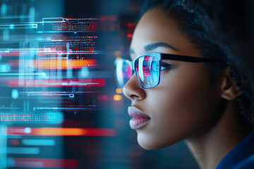 Innovative black woman IT professional focused on digital data analysis, wearing glasses, with futuristic background of glowing data streams