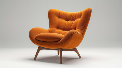 A comfortable suede lounge chair with wooden legs, featuring an artistic modern shape and brown color. Minimalistic Furniture on isolated white background, Stock image, HD quality