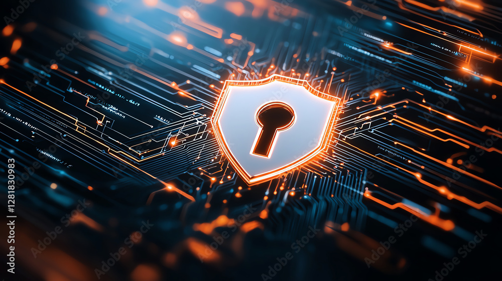 Poster glowing shield with keyhole symbol represents digital security and protection. background features i