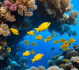 Obraz premium Colorful fish from the Red Sea with blue water and sun