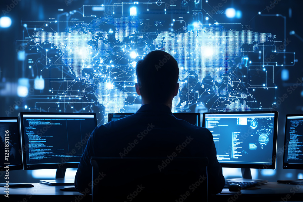 Poster cybersecurity engineer is working at multiple monitors, analyzing data with digital world map in bac