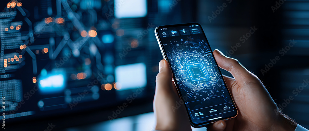 Poster person holding smartphone displaying digital data and technology graphics. background features abstr