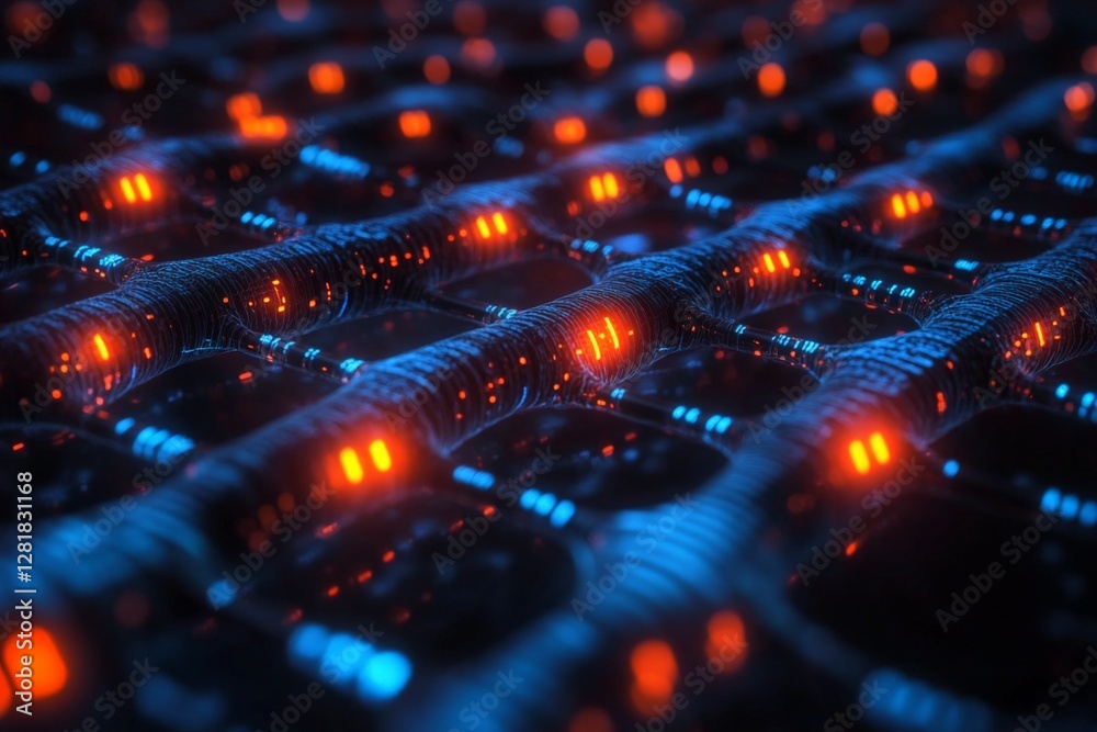 Poster artificial visual representation of a futuristic grid with glowing elements in a dark setting