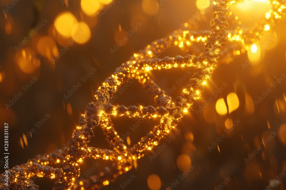 Poster dynamic representation of dna structure illuminated by golden light in an artistic display of scienc