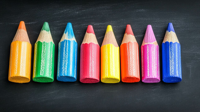 Colorful pencil tips on black chalkboard background for creative design concepts