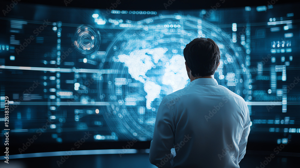 Aufkleber man stands in front of large curved screen displaying digital world map and data visualizations, evo
