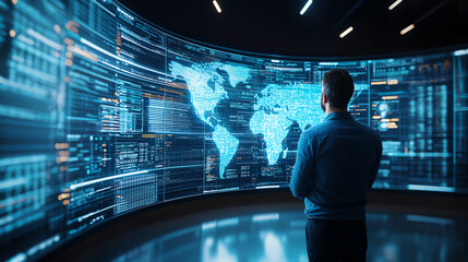 man stands in front of large curved screen displaying digital world map with data visualizations. atmosphere is modern and high tech, showcasing advanced technology