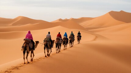 Fototapeta premium Tourists riding camels in sahara desert at sunset