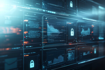 Obraz premium High tech security system with multiple screens displaying data and graphs. interface features lock symbols, emphasizing data protection and cybersecurity