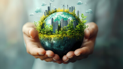 Hands Holding Earth Globe with Growing Plants and Floating Green Energy Icons in Watercolor Eco-Friendly Poster Design
